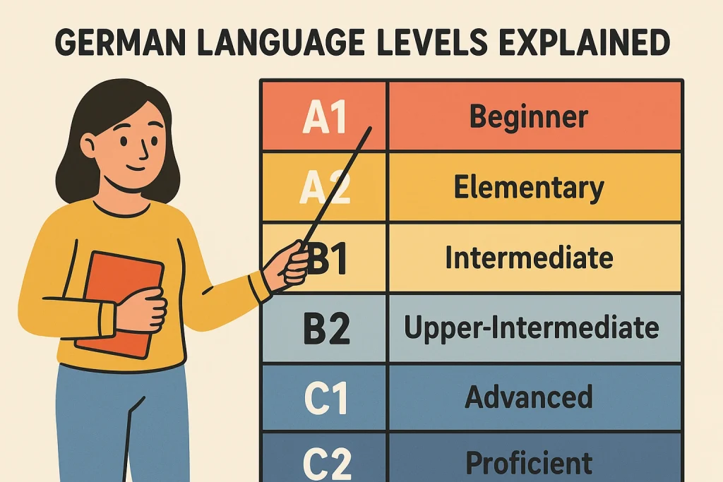German Language Levels A1 to C2 Explained Infographic Flat vector infographic illustrating German language levels A1 to C2, with a woman pointing at a colorful table explaining each level from Beginner to Proficient.