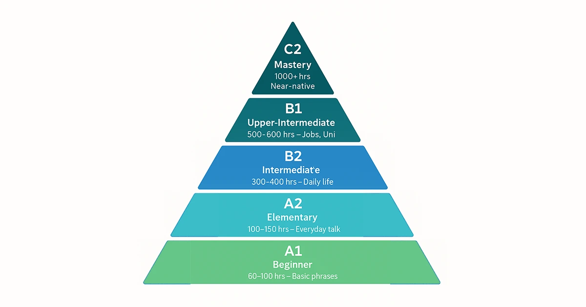 CEFR German Language Levels Pyramid – A1 to C2 with study hours and skill descriptions