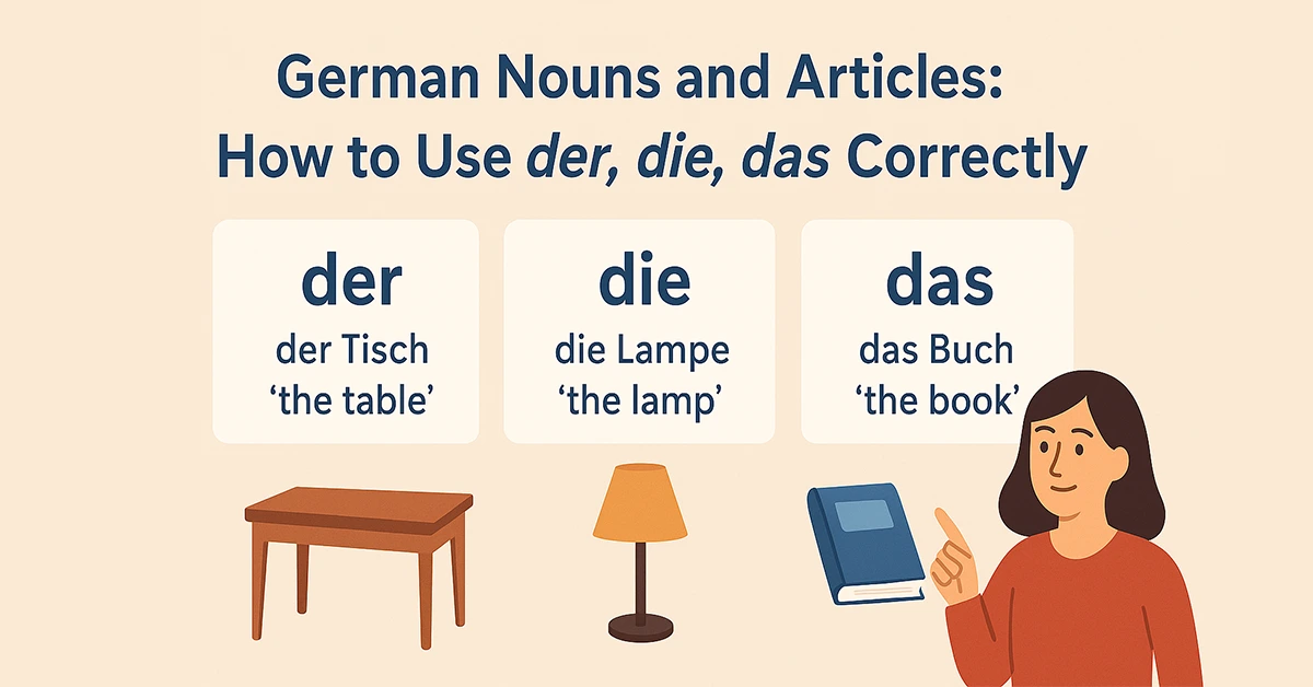 Educational infographic showing German articles der, die, das with example nouns and illustrations