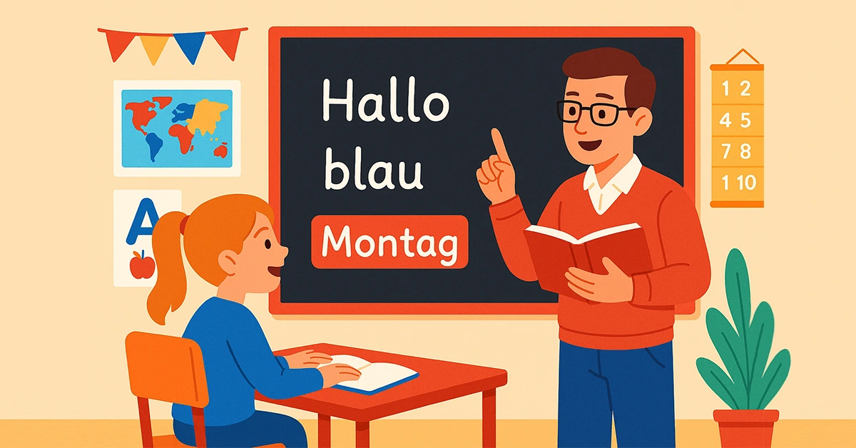 A German teacher and student in a colorful classroom learning basic German words like Hallo, blau, and Montag written on a chalkboard.