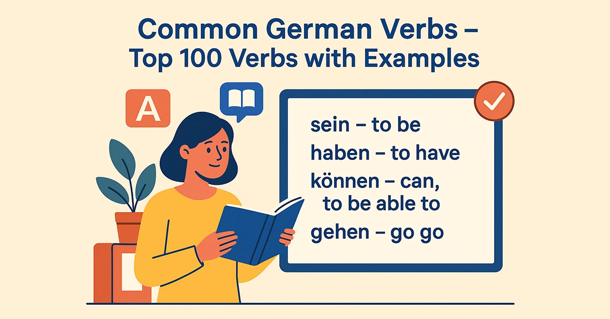 Flat vector-style illustration showing a smiling female student holding a book, with a whiteboard behind her displaying common German verbs like "sein," "haben," "können," and "gehen".