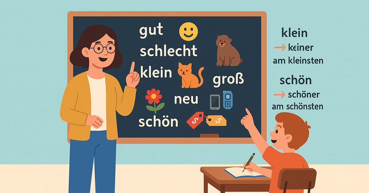 German adjectives illustration – A teacher explains words like gut, klein, schön on a chalkboard with icons for each word.