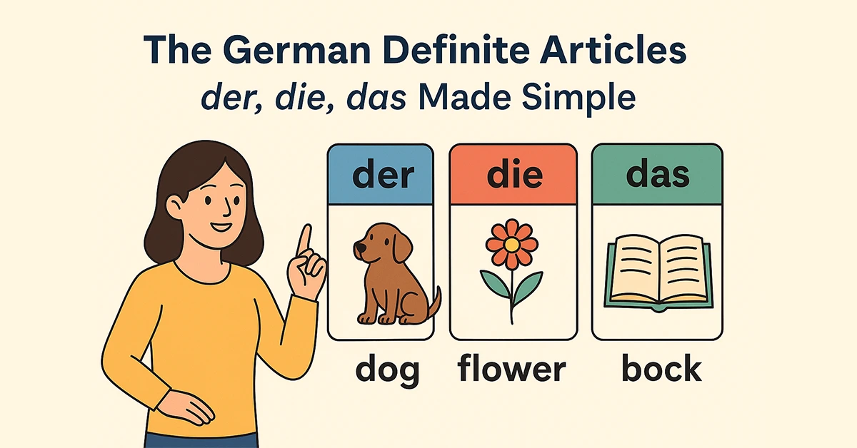 German definite articles der, die, das with dog, flower, book and female teacher illustration