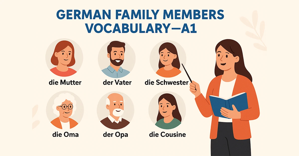 German family vocabulary illustration showing Mutter, Vater, Schwester, Oma, Opa, and Cousine with labeled portraits for A1 learners