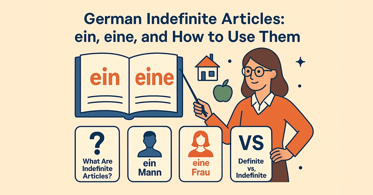 Flat vector-style illustration showing German indefinite articles "ein" and "eine" with visual examples like ein Mann and eine Frau, used for grammar explanation.