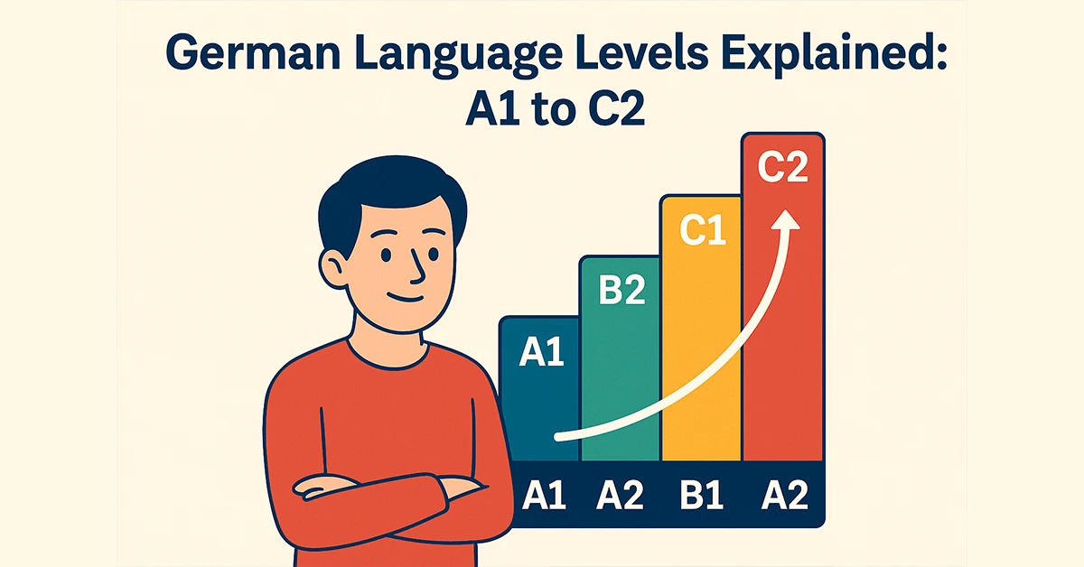 Vector chart showing German language levels from A1 to C2 with a smiling cartoon man and progress steps