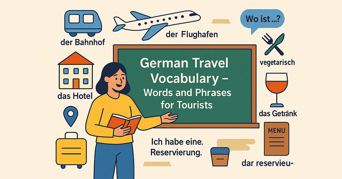 Flat vector illustration showing a female teacher introducing essential German travel vocabulary with icons for hotel, train station, airport, menu, and emergency phrases.