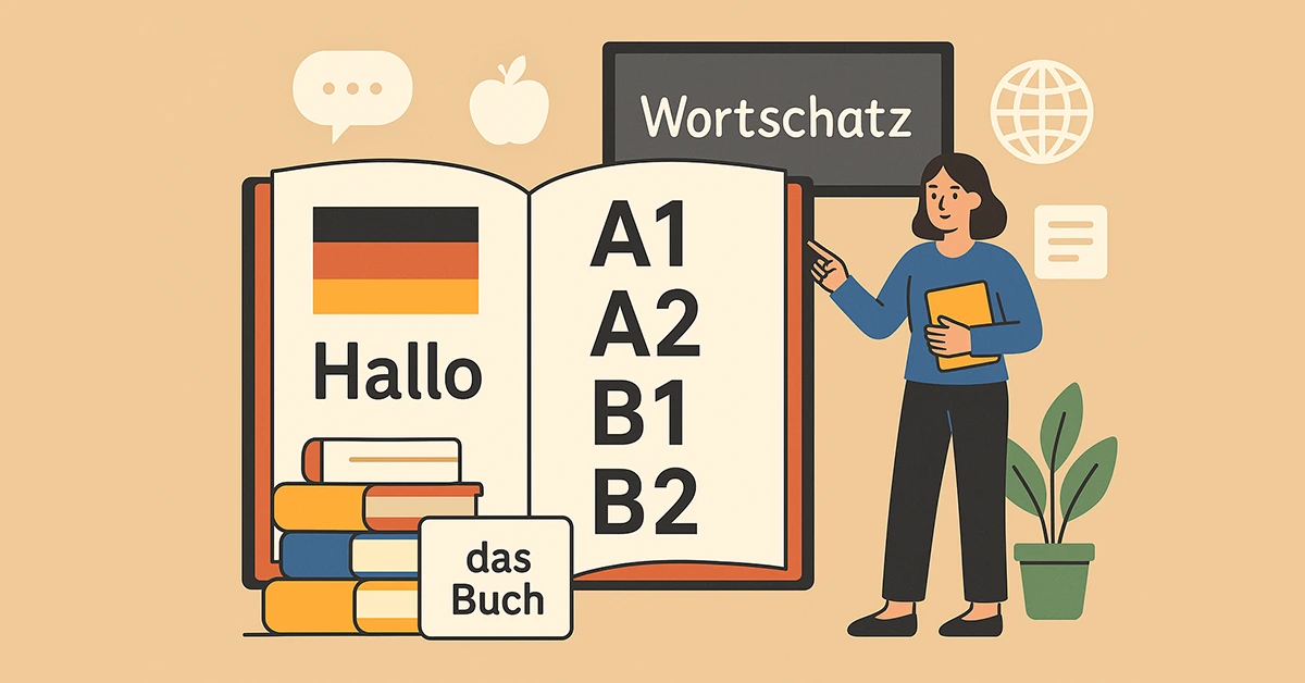 Flat vector-style educational illustration showing German vocabulary levels A1 to B2, with a teacher, open book, German flag, and the word "Wortschatz" on a board.