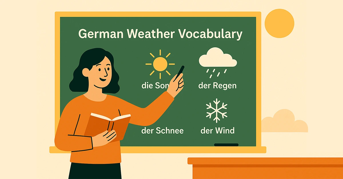 Flat vector-style illustration of a female teacher explaining German weather vocabulary like die Sonne, der Regen, der Schnee, and der Wind with icons on a green chalkboard.