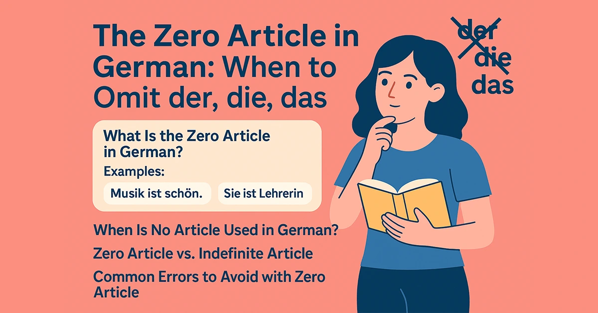 Flat vector illustration of a German language learner studying zero article rules with examples like "Musik ist schön" and "Sie ist Lehrerin", showing when to omit der, die, das.